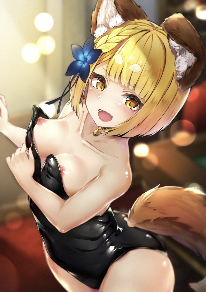 absurdres animal_ear_fluff animal_ears black_leotard blonde_hair blurry blurry_background blush breasts bunnysuit collarbone commentary_request depth_of_field dog_ears dog_girl dog_tail erune female flower granblue_fantasy hair_flower hair_ornament highres hyouta_(yoneya) lens_flare leotard looking_at_viewer nipple_slip nipples open_mouth short_hair small_breasts solo tail vajra_(granblue_fantasy) yellow_eyes