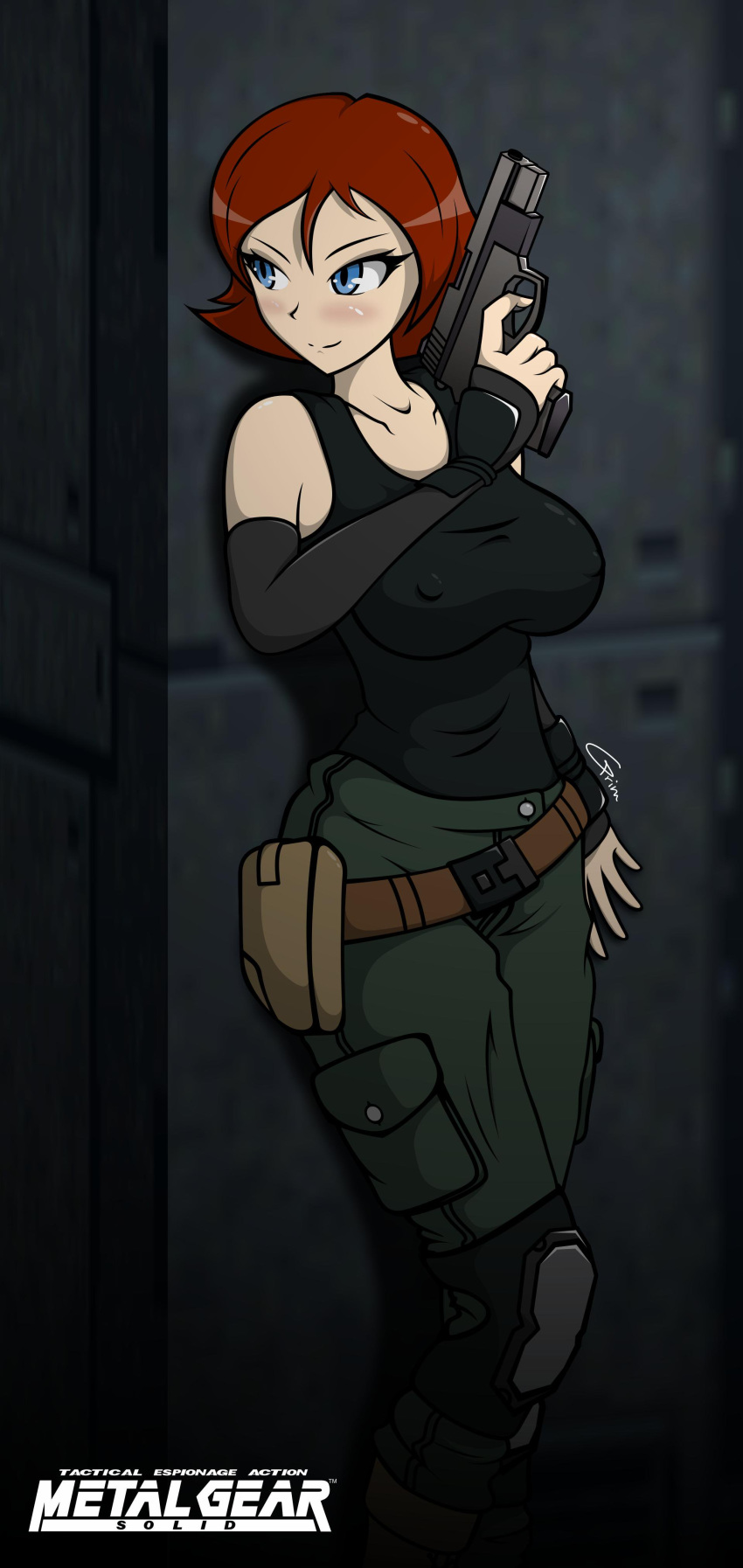 1girls against_wall background belt big_breasts blue_eyes fanart female female_only gloves handgun isaac-grim kneepads logo looking_away meryl_silverburgh metal_gear_solid nipples_visible_through_clothing pants red_hair sleeves standing tank_top