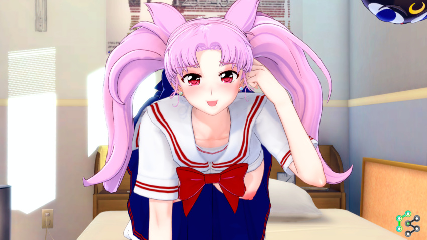 3d aged_up bed bedroom bent_over bishoujo_senshi_sailor_moon bow breasts breasts_out cg chibi_usa clothing earrings exposed_breasts female female_only hanging_breasts large_breasts long_hair luna-p nipples nyahoi_sakura on_bed pink_hair red_eyes school_uniform schoolgirl seductive skirt solo tongue tongue_out