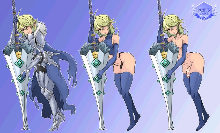 1boy androgynous arm_gloves armor ass atelier_sol_aer beauty_mark bent_over black_thong blonde_hair blue_eyes braided_hair elaine_duskray(xenxia) femboy flaccid flaccid_penis girly grin hips holding_object lance leaning leaning_forward looking_at_viewer mole mole_under_eye original_character penis pole skin_tight smile solo thighhighs thong trap weapon xenxia