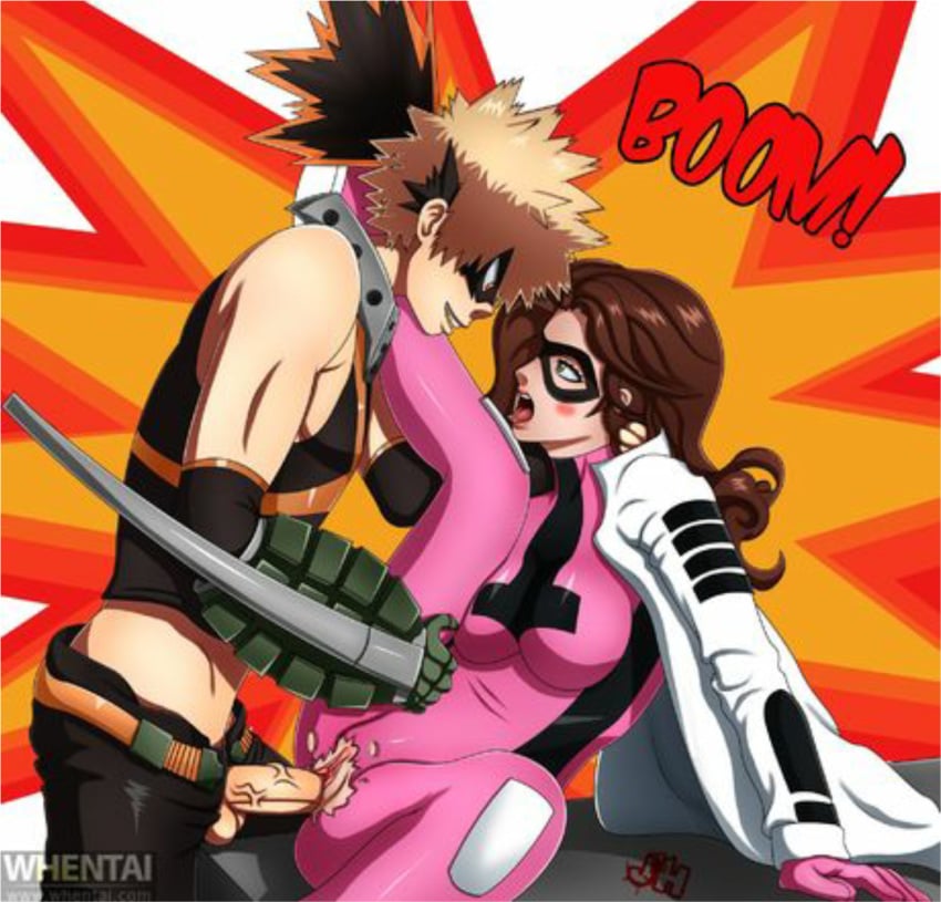 1boy 1girls blonde_hair blush bodysuit bombshell_(lana_baumgartner) brown_hair crossover eastern_and_western_character female jh katsuki_bakugou leg_grab leg_up long_hair marvel marvel_comics mask my_hero_academia sex spread_legs straight straight_sex text tongue_out torn_clothes vaginal_penetration vaginal_sex veiny_penis