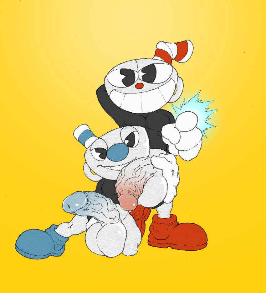 balls bottomless clothed clothing cuphead cuphead_(game) duo footwear handwear hi_res huge_cock humanoid humanoid_penis incest male male/male male_only mugman penis small_but_hung utx-shapeshifter vein veiny_penis video_games