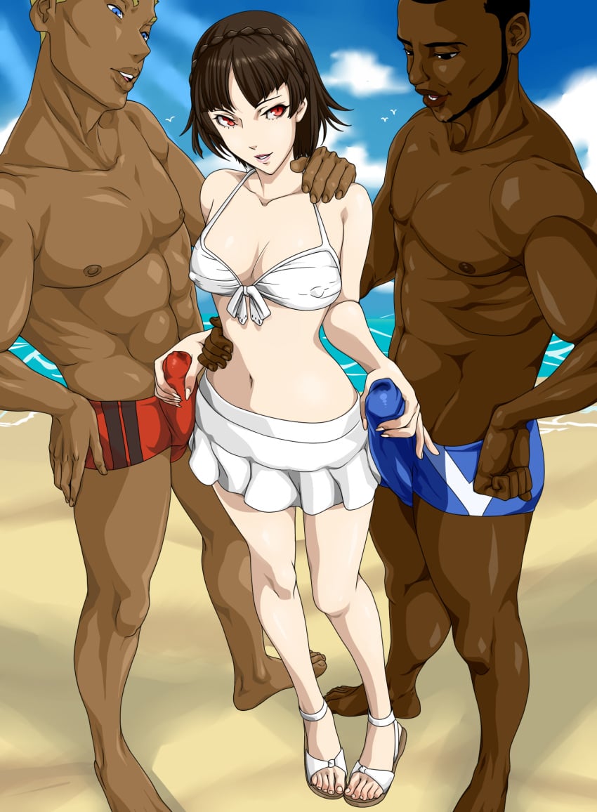 beach bikini dark-skinned_male feet handjob interracial makoto_niijima open_toe_shoes persona persona_5 rankerhen red_eyes sandals shad0wnsfw toes