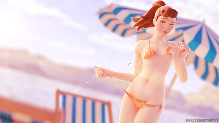 1girls 3d beach beach_chair beach_umbrella bikini bikini_bottom_untied bikini_top_lift bikini_top_undone blender blush breasts d.va effectsmaster231 female looking_at_viewer orange_eyes overwatch small_breasts solo standing