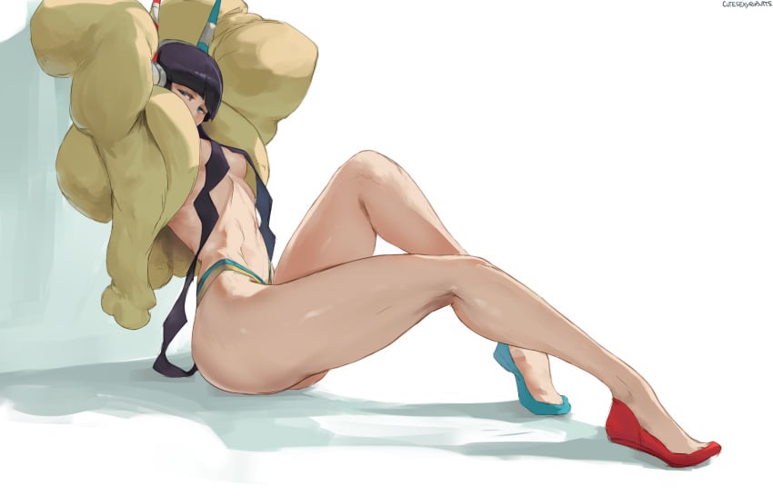 1girls abs armpits arms_up ass black_hair blue_eyes breasts clavicle coat curvaceous cutesexyrobutts dutch_angle elesa_(pokemon) elesa_(pokemon_bw2) eye_contact female female_only from_behind gym_leader headphones highres huge_ass human human_only legs long_hair long_legs long_sleeves looking_at_viewer midriff nintendo pokemon pokemon_bw pokemon_bw2 pose shiny_skin shirt short_shorts shorts simple_background sitting sleeveless sleeveless_shirt small_breasts solo source_request teasing text thick_thighs thighs thong tied_hair topless twintails very_long_hair watermark white_background wide_hips