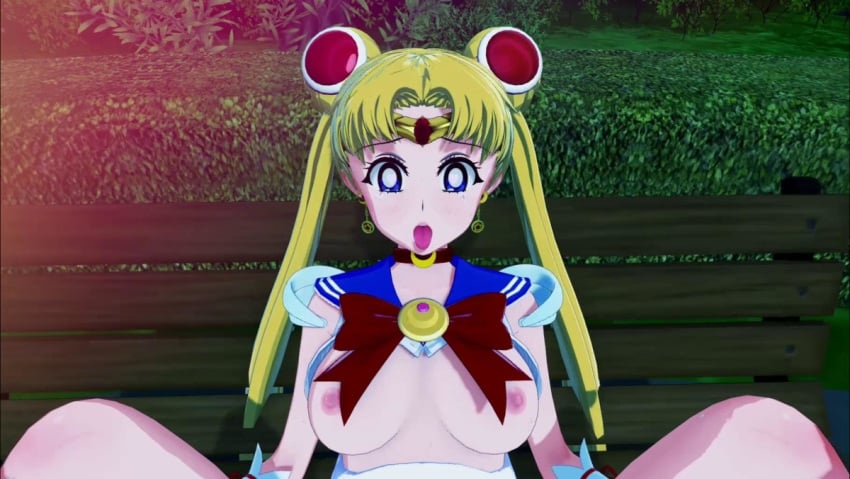 3d bangs bench bishoujo_senshi_sailor_moon blonde_hair blue_eyes collar earrings exposed_breasts hair_ornament jewelry legs_apart legs_up long_hair medium_breasts romandeth sailor_fuku sailor_moon sitting small_breasts spread_legs tiara tongue tongue_out twintails usagi_tsukino