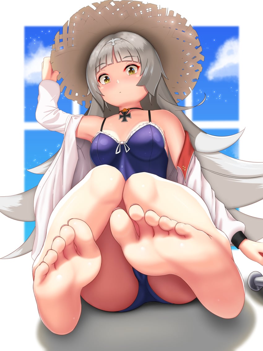 1girls adjusting_clothes adjusting_hat azur_lane barefoot damao_yu feet female foot_focus grey_hair highres long_hair looking_at_viewer pov_feet soles straw_hat tagme toenail_polish toenails toes yellow_eyes z46_(azur_lane)