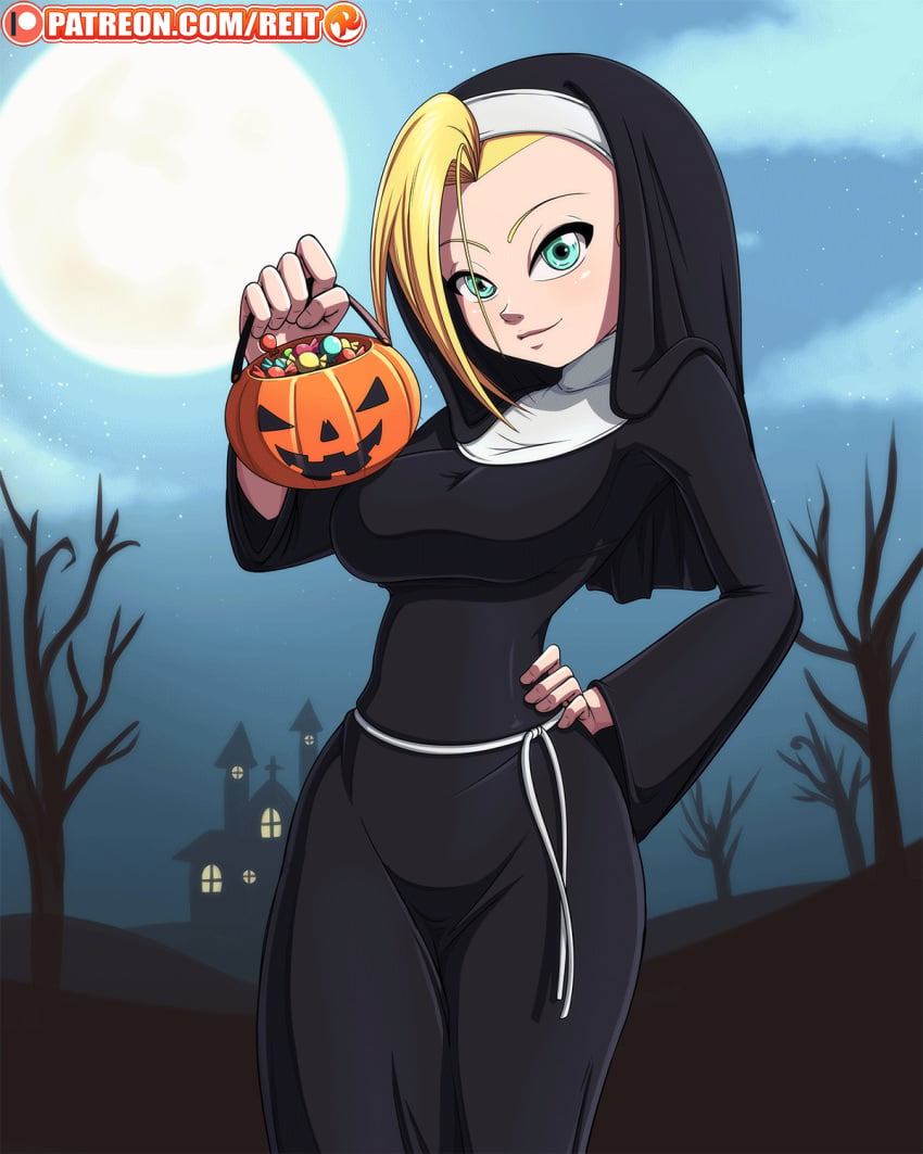 animated background big_breasts blonde_hair blood crazy_eyes female halloween knife nun nun's_habit original_character patreon reit roxy_(reit)