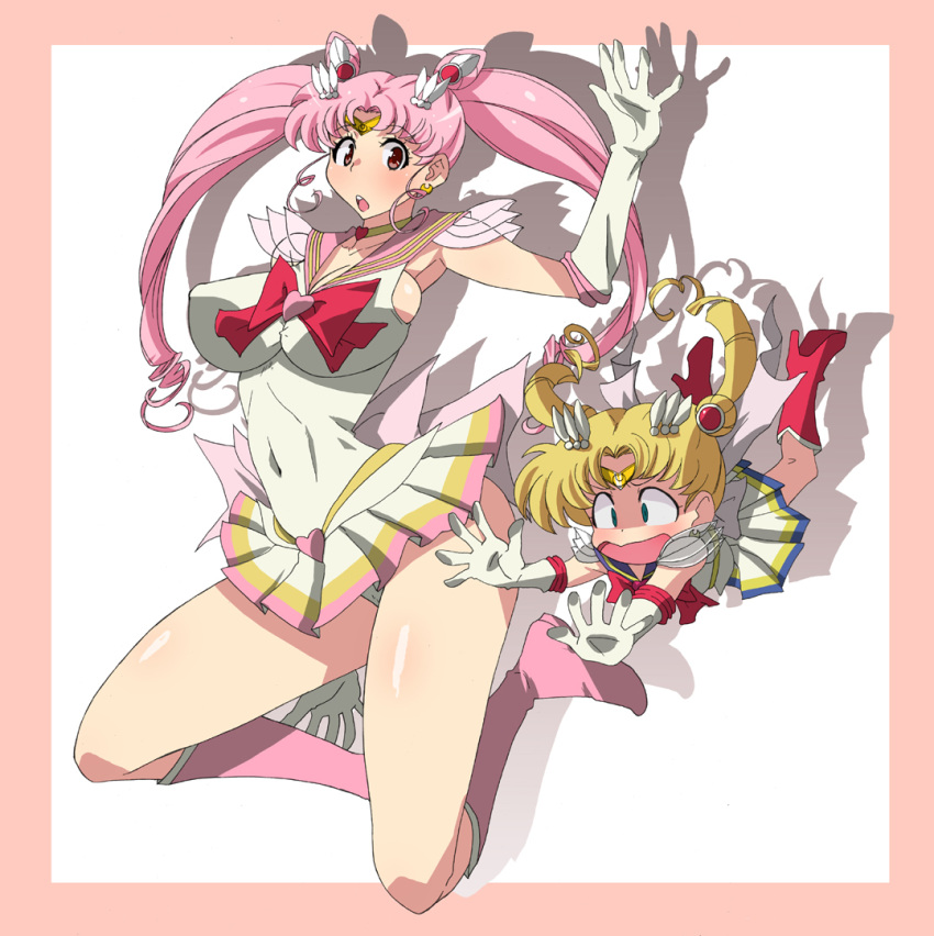 2girls age_switch aged_down aged_up bishoujo_senshi_sailor_moon boots breasts chibi_usa choker clothing earrings erect_nipples female female_only gloves hair_ornament jewelry kunifuto large_breasts long_hair medium_breasts mother_and_daughter multiple_girls panties pantyshot pink_hair red_eyes sailor_chibi_moon sailor_moon serafuku short_skirt sideboob skirt tiara tight_clothing transformation twintails usagi_tsukino