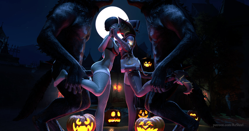 2boys 2girls 3d 4k alternate_costume anthro_on_human areolae ass beast blizzard_entertainment breasts bride_sombra double_penetration female female_human foursome green_skin human human_on_anthro interspecies kissing kissing_while_penetrated latina male mercy moon moonlight nipples nude overwatch penetration penis pussy render resteel sex size_difference sombra tagme teratophilia unseen_male_face url vaginal_penetration video_games werewolf witch_mercy