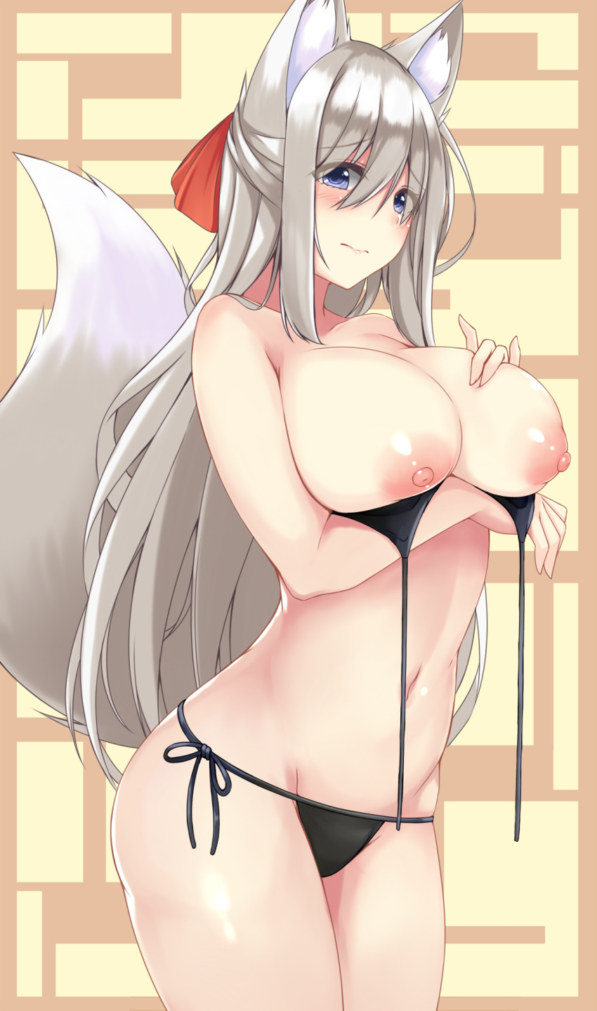 3: animal_ear_fluff animal_ears bare_arms bikini black_bikini blue_eyes breast_hold breasts cleavage collarbone cowboy_shot female fox_ears fox_girl fox_tail frown groin hair_between_eyes half_updo hand_on_own_chest highres large_breasts long_hair looking_at_viewer navel nipples original side-tie_bikini silver_hair sogaya solo swimsuit tail untied untied_bikini
