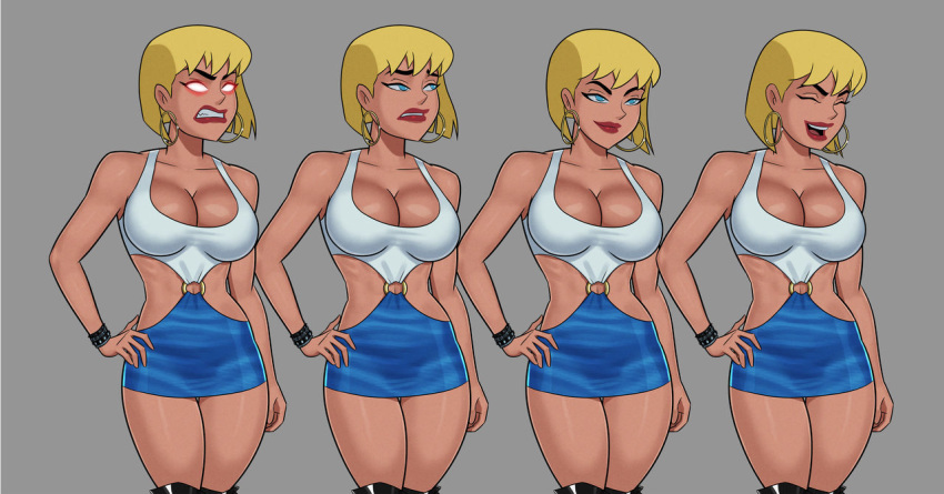 ass biceps big_breasts blonde_hair blue_eyes breasts bubble_butt busty cleavage dc dc_comics dcau eyelashes female female_focus female_only fully_clothed galatea hourglass_figure lipstick makeup pinup pose posing revealing_clothes short_hair solo sunsetriders7 tagme wide_hips