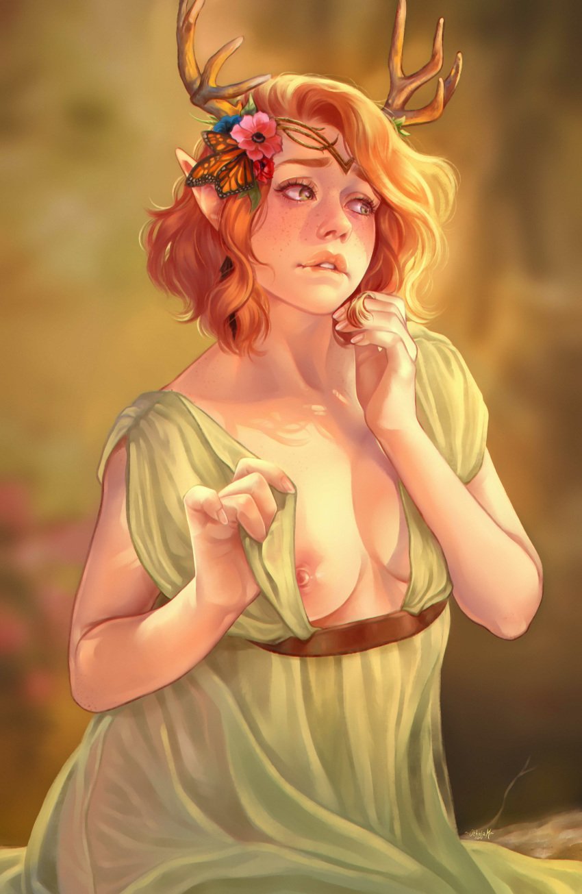 1girls aesthetic antlers areolae biting_lip breasts cottagecore critical_role critical_role:_vox_machina druid dungeons_and_dragons elf exposed_breast exposed_nipple female female_only humanoid keyleth nipples othalam pale_skin red_hair solo