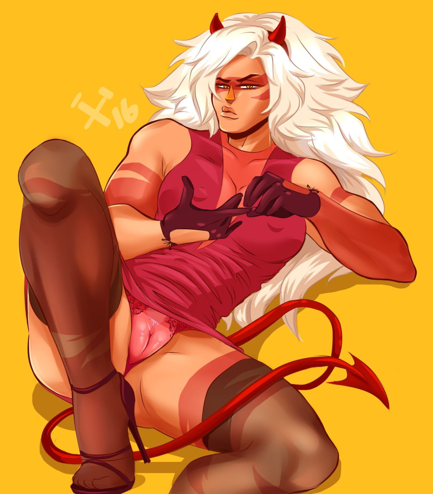 1girls 2016 ass big_ass big_breasts blonde_hair breasts cameltoe cleavage clothed cosplay devil_horns devil_tail erect_nipples eye_contact fake_horns feet female female_only gem_(species) gloves half-closed_eyes horns jasper_(steven_universe) large_breasts long_hair looking_at_viewer nipples on_back open_toe_shoes orange_skin panties pink_panties pose pussy red_skin see-through shadow shirt spread_legs spreading steven_universe tail thick_thighs thighhighs toes wide_hips xxxubbles yellow_background yellow_eyes