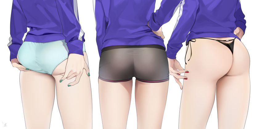 3girls ass ass_focus ass_grab black_panties black_underwear blue_jacket close-up female from_behind green_nails green_panties groping high_resolution jacket jay_(shining_star) long_sleeves multiple_girls nail_polish ohisashiburi pantsu red_nails shining_star side-tie_panties simple_background thong underwear very_high_resolution white_background