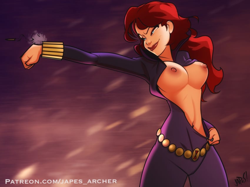 1girls areolae big_breasts black_widow_(marvel) bodysuit breasts clothing female female_only fit fit_female hair human human_only japes light-skinned_female light_skin marvel marvel_comics natasha_romanoff nipples red_hair shooting solo solo_female undressing unzipped_bodysuit unzipping zipper_pull_tab