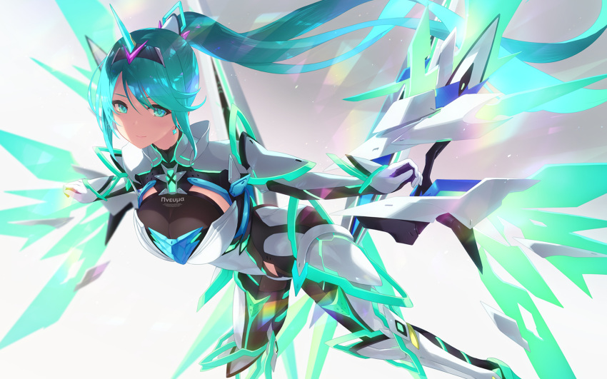 1girls armor armored_bodysuit bangs blush bodysuit breasts cait detached_wings earrings energy_wings female floating_hair gem gloves hair_ornament headpiece highres jewelry large_breasts leaning_forward light_particles long_hair looking_at_viewer neon_trim nintendo pneuma_(xenoblade) ponytail sidelocks smile solo swept_bangs tiara very_long_hair wings xenoblade_(series) xenoblade_chronicles_2