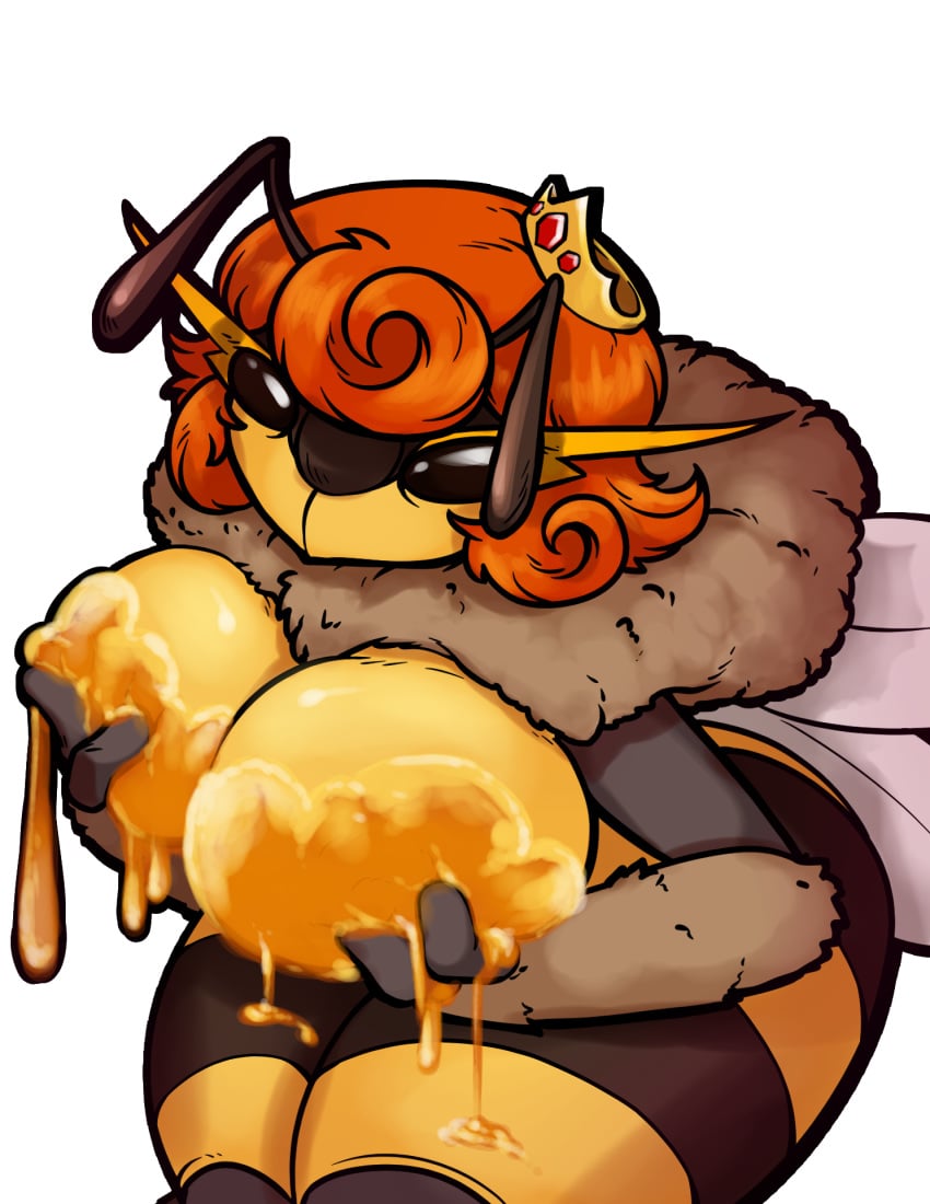 anthro arthropod arthropod_humanoid bee big_breasts crown female female_only hair honey insects mouthless orange_hair pixxxel queen_bee slathering stripes unusual_lactation