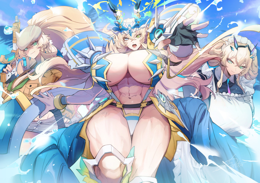 3girls abs absurdres apron arm_guards armor barghest_(gawain)_(fate) barghest_(swimsuit_archer)_(first_ascension)_(fate) barghest_(swimsuit_archer)_(second_ascension)_(fate) barghest_(swimsuit_archer)_(third_ascension)_(fate) biceps black_dress black_gloves blonde_hair blue_eyes blue_sky bracelet breasts cleavage collared_dress curvy dress fate/grand_order fate_(series) faulds fingerless_gloves gloves green_eyes grey_headwear grey_skirt gun hat heterochromia high_ponytail highres horns huge_breasts jewelry long_hair long_sleeves looking_at_viewer maid maid_headdress medium_hair midriff miniskirt multicolored_clothes multicolored_swimsuit multiple_persona navel neckerchief no-kan open_mouth outstretched_arm pauldrons pencil_skirt shirt short_sleeves shoulder_armor sidelocks skirt sky slingshot_swimsuit smile swimsuit thick_thighs thighs tied_shirt weapon white_apron yellow_gloves yellow_shirt