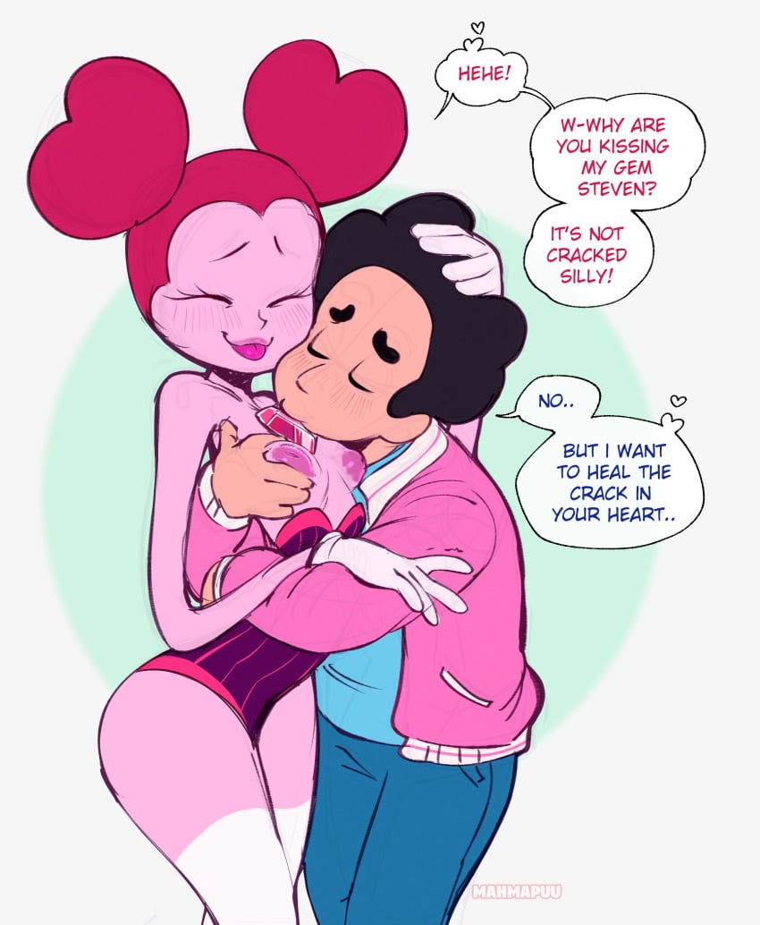 1boy 1girls black_hair blush breasts breasts_out cartoon_network closed_eyes couple cute english_text female gem gem_(species) gloves grabbing kissing kissing_gem legs leotard lipstick mahmapuu male nipples pale-skinned_male pink_hair pink_nipples pink_skin reset_spinel_(steven_universe) small_breasts smile spinel_(steven_universe) steven_quartz_universe steven_universe steven_universe:_the_movie straight sweater wholesome wide_hips