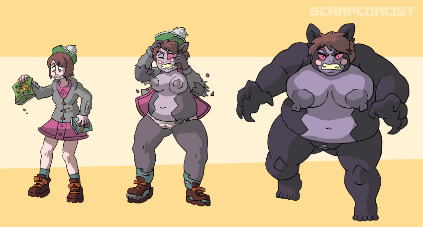 1girls 2019 alternate_breast_size alternate_species angry anthro anthrofied ass bottomwear breast_expansion breasts brown_hair butt_from_the_front chubby clothed clothing eye_contact female footwear furry gloria_(pokemon) growth hair hat headgear headwear hi_res human human_to_anthro legwear looking_at_viewer mammal morpeko navel nintendo nipples nude one_eye_closed original_character overweight overweight_female pokémon_(species) pokemon pokemon_ss pussy red_sclera rodent scrapcorcist shoes simple_background size_difference skirt socks solo species_transformation standing thick_thighs torn_clothing transformation video_games weight_gain wide_hips