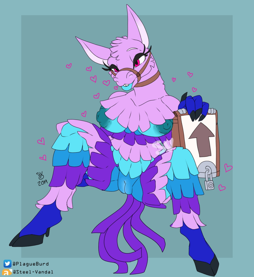 anthro blue_skin blue_tongue fortnite heart hooves horny llama loot_llama purple_fur pussy simple_background sitting solo solo_female tagme tongue vagina