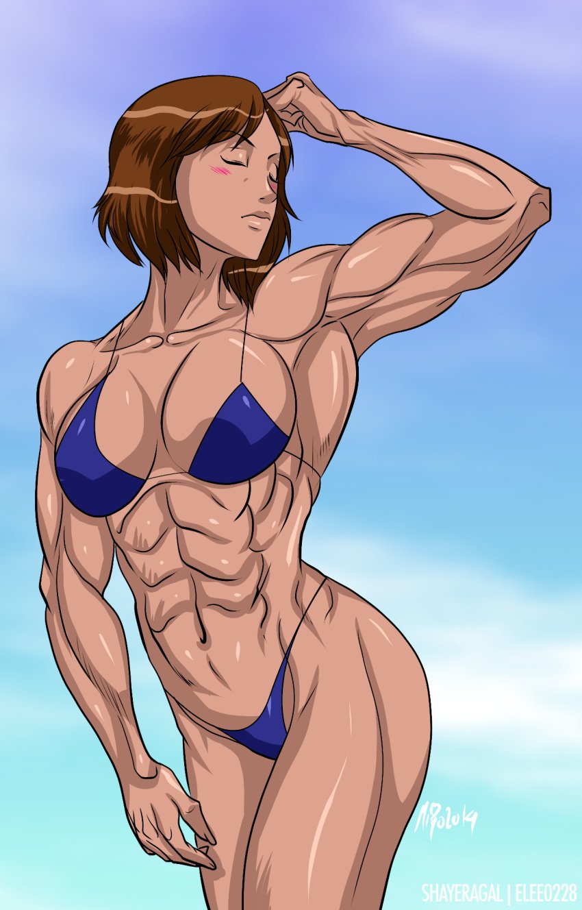 1girls abs armpit armpits ass avatar_legends belly biceps big_breasts bikini blush bodybuilder breasts brown_hair cleavage closed_eyes clothed dark-skinned_female dark_skin deltoids deviantart elee0228 extreme_muscles female female_only flexing g-string korra medium_breasts midriff muscles muscular muscular_female navel pinup pose shayeragal short_hair six_pack smooth_skin solo string_bikini swimsuit text the_avatar the_legend_of_korra thick_thighs triceps upper_body water_tribe watermark wide_hips