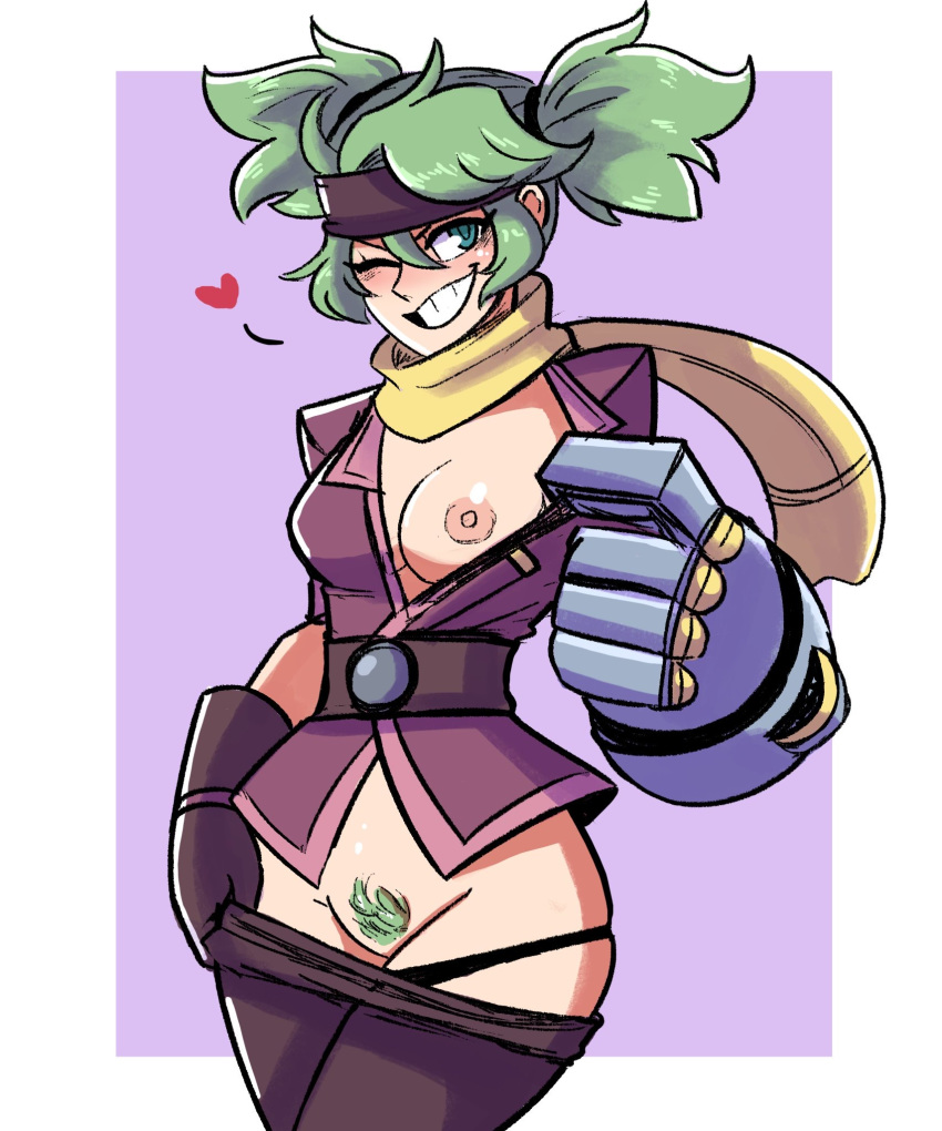 blue_eyes deepbeef female gauntlet glove green_hair headband heart indivisible kampan one_breast_out one_eye_closed pubic_hair pulling_down_pants scarf scruffyturtles seductive shiny_skin smile solo teeth thick_thighs twintails wide_hips wink