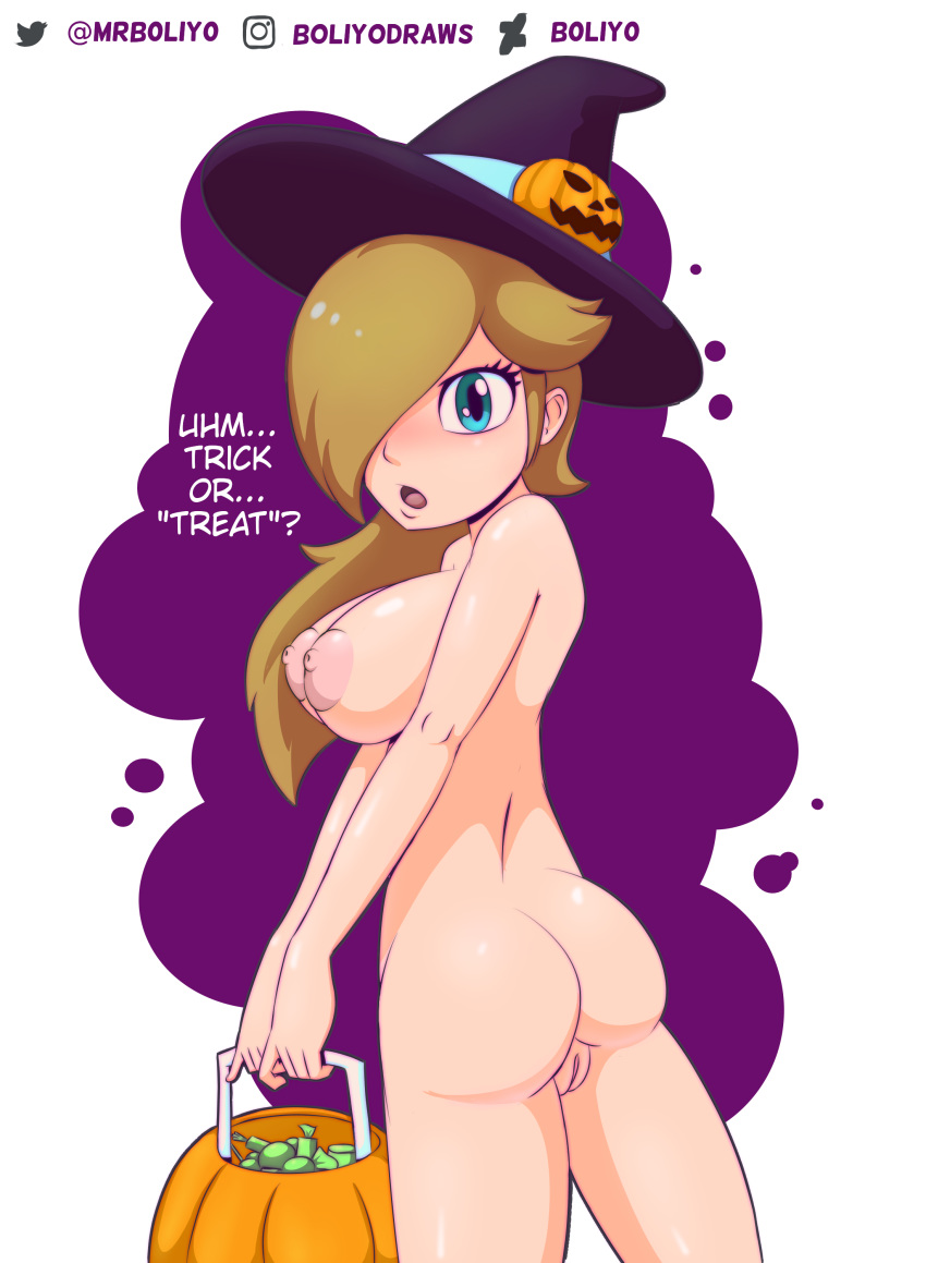 alternate_costume ass blonde_hair blue_eyes boliyo breasts female female_only hair_over_one_eye halloween halloween_costume mario_(series) mario_kart mario_kart_tour nintendo nipples nude pink_nipples princess_rosalina pussy solo witch_hat