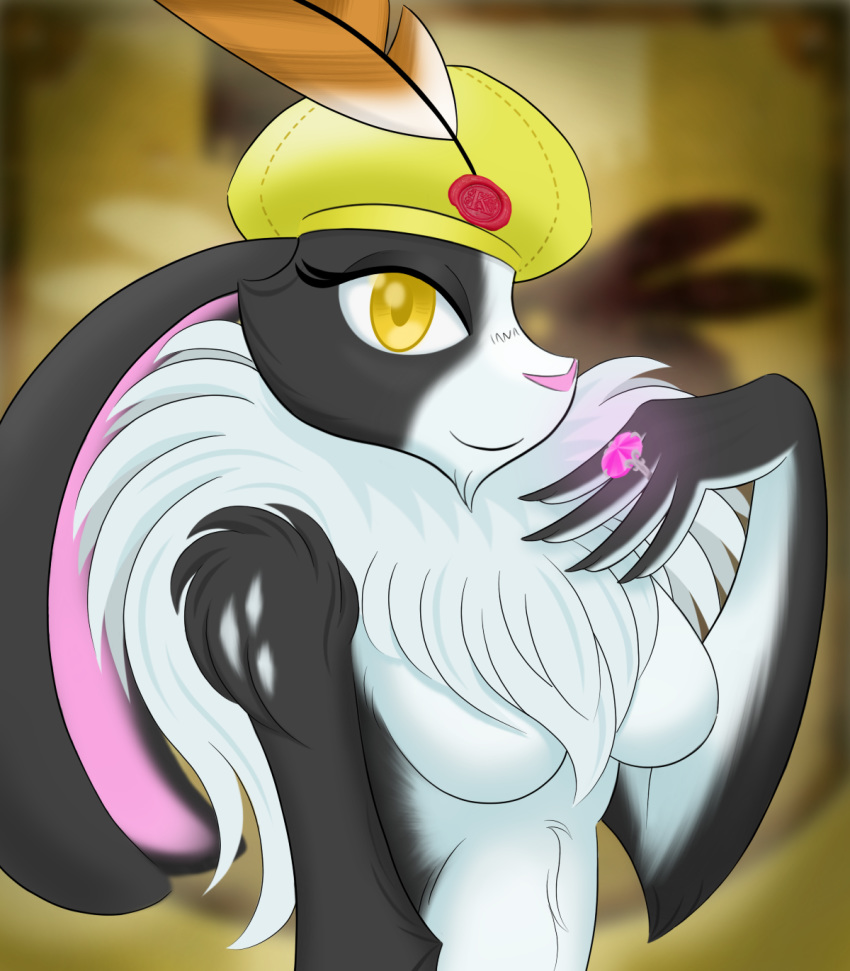 anthro arm_tuft armello black_body black_fur breasts cheek_tuft chest_tuft clothing dewlap_(anatomy) elbow_tufts elyssia_(armello) face_tuft fur hat headgear headwear hi_res jewelry lagomorph leporid mammal medieval mostly_nude multicolored_body multicolored_fur neck_tuft rabbit ring simple_background smile steel_redemption tuft video_games white_body white_fur yellow_background yellow_eyes