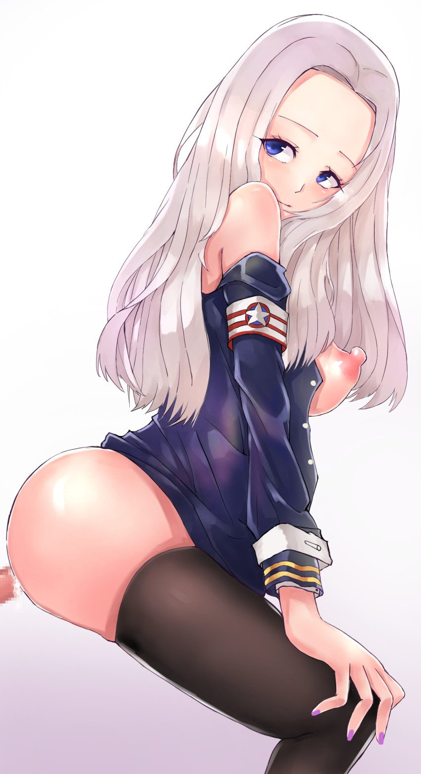 1boy 1girls azur_lane blue_eyes gradient_background half_squat naked_shirt penetration purple_fingernails sex sex_from_behind simple_background thighhighs white_hair yorktown_(azur_lane)