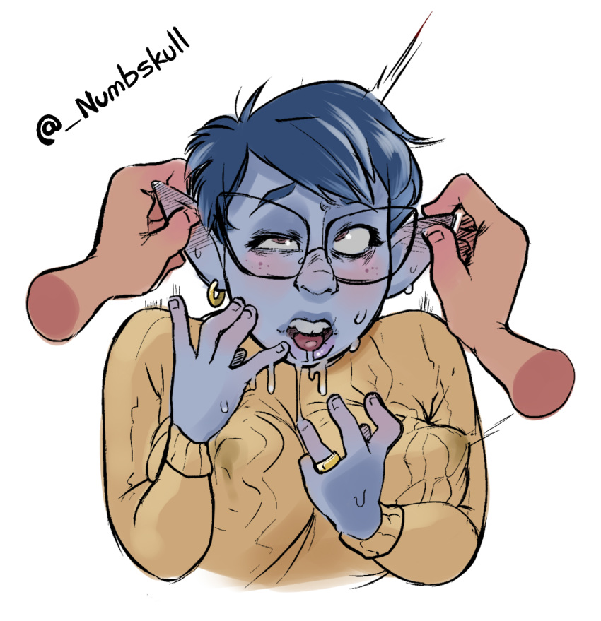 1girls 2019 ahegao big_breasts blue_hair blue_skin clothed disney drool ear_grab ear_rub eargasm earring elf erect_nipples eye_roll glasses lactation lactation_through_clothes laurel_lightfoot looking_up milf nipple_bulge numbskull onward_(2020) pixar pointed_ears pointy_ears ring sensitive uncommon_stimulation unseen_male_face unusual_skin_color wedding_ring yellow_sweater