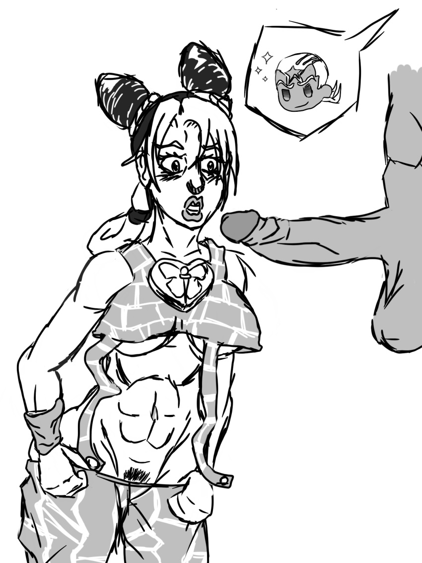 1boy 1girls abs before_sex big_breasts blush clothed enrico_pucci female grayscale huge_ass huge_balls huge_cock human interracial jojo's_bizarre_adventure jolyne_kujo joredraws male monochrome pants_pull penis pubic_hair smile stone_ocean super_deformed underboob