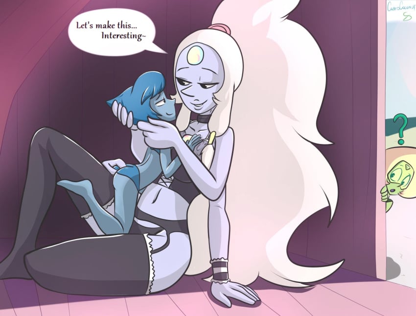 2girls ? black_panties bondage_outfit cartoon_network choker colordrake cubedcoconut cuffs duo english_text eye_contact female female_only garter_belt garter_straps gem_(species) gem_fusion hourglass_figure imminent_sex lapis_lazuli_(steven_universe) lingerie looking_at_another opal_(steven_universe) panties peridot_(steven_universe) seductive size_difference spying steven_universe stockings text thighhighs watching yuri