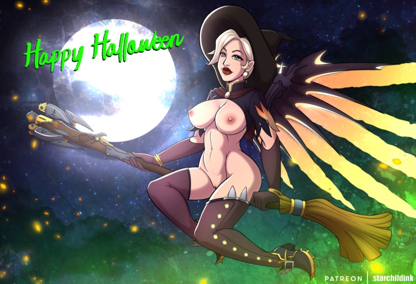 1girls alternate_costume areolae big_breasts breasts broom broom_riding broomstick female female_only large_breasts looking_at_viewer mercy nipples overwatch solo synandcynaria thighhighs witch witch_hat witch_mercy