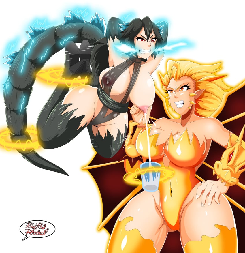 2girls absurd_res areolae artist_name big_breasts black_hair blonde_hair breasts clothing female female_only genderswap giantess godzilla godzilla_(series) hair highres humanized kaiju kaiju_girl kaiju_girls_(webcomic) king_ghidorah lactation large_breasts long_hair membranous_wings milk multiple_girls nipples queen_ghidorah red_eyes redradrebel tail watermark wings