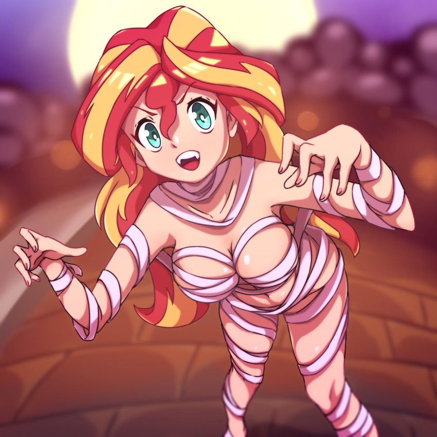 1girls 2019 belly_button blue_eyes blurry_background breasts cleavage costume equestria_girls female friendship_is_magic half-dressed half_naked halloween halloween_costume highres human humanized humanoid large_breasts looking_at_viewer moon mummy_costume my_little_pony nails nose open_mouth painted_nails pointy_hair pov questionable_consent red_hair rockset solo sunset_shimmer thick_thighs yellow_hair