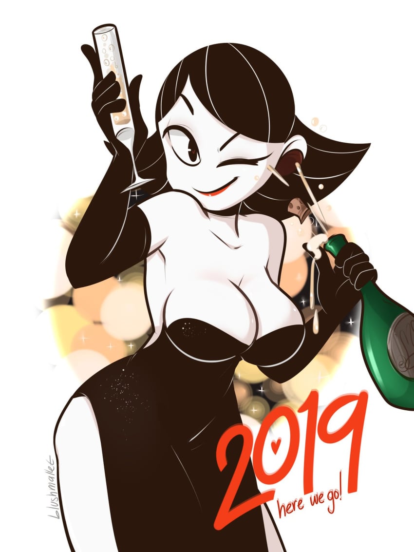 1girls blushmallet champagne dress female female_only large_breasts little_black_dress mallet_(blushmallet) new_year original_character solo