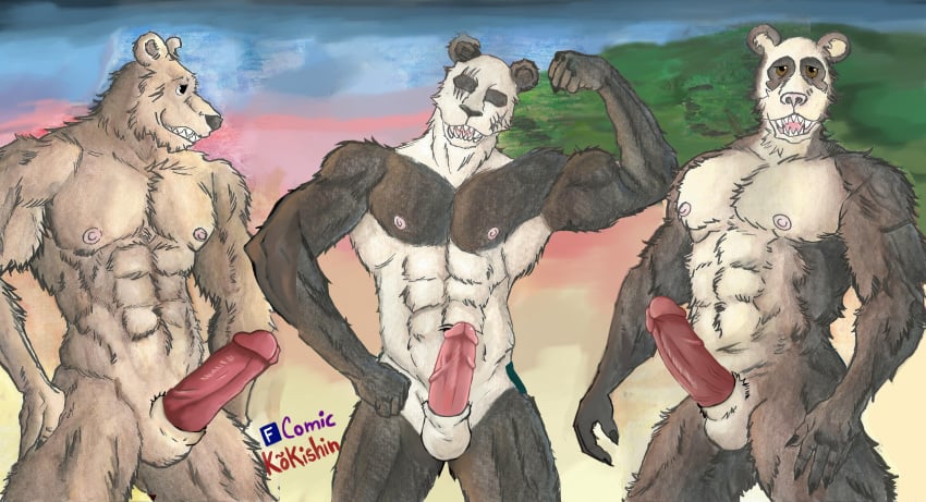 3boys anthro ball_gag bear beastars big_penis erection flexing furry gouhin kokishin looking_at_viewer male male_only muscle muscular panda riz_(beastars) scar sharp_teeth watercolor_(artwork) yiff