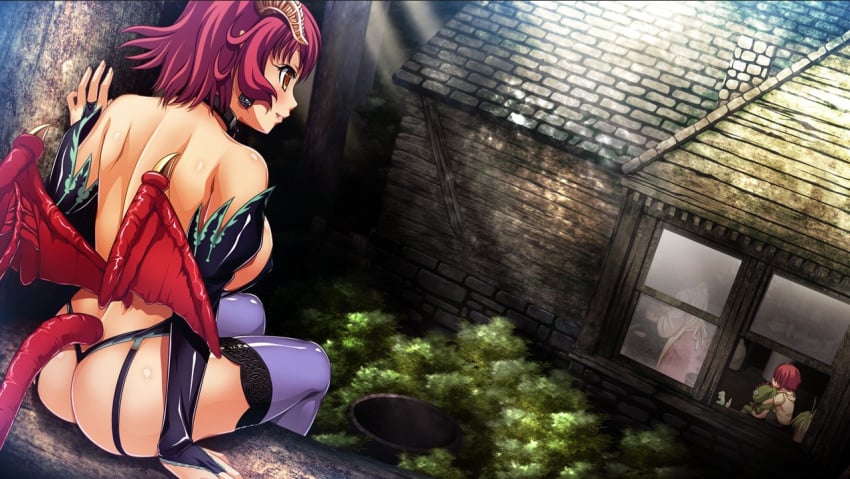 1boy bikini_armor demon_girl demon_horns demon_tail demon_wings female game_cg horns huge_ass huge_breasts kyonyuu_fantasy on_tree outdoor red_hair shamsiel shamsiel_shahar short_hair sideboob sitting stalker succubus succubus_outfit thong