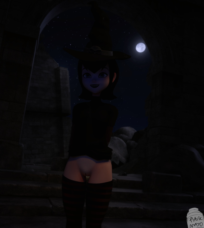 3d 3d_(artwork) clothing female hotel_transylvania mavis_dracula moon plasticmayo pussy thighhighs witch_hat