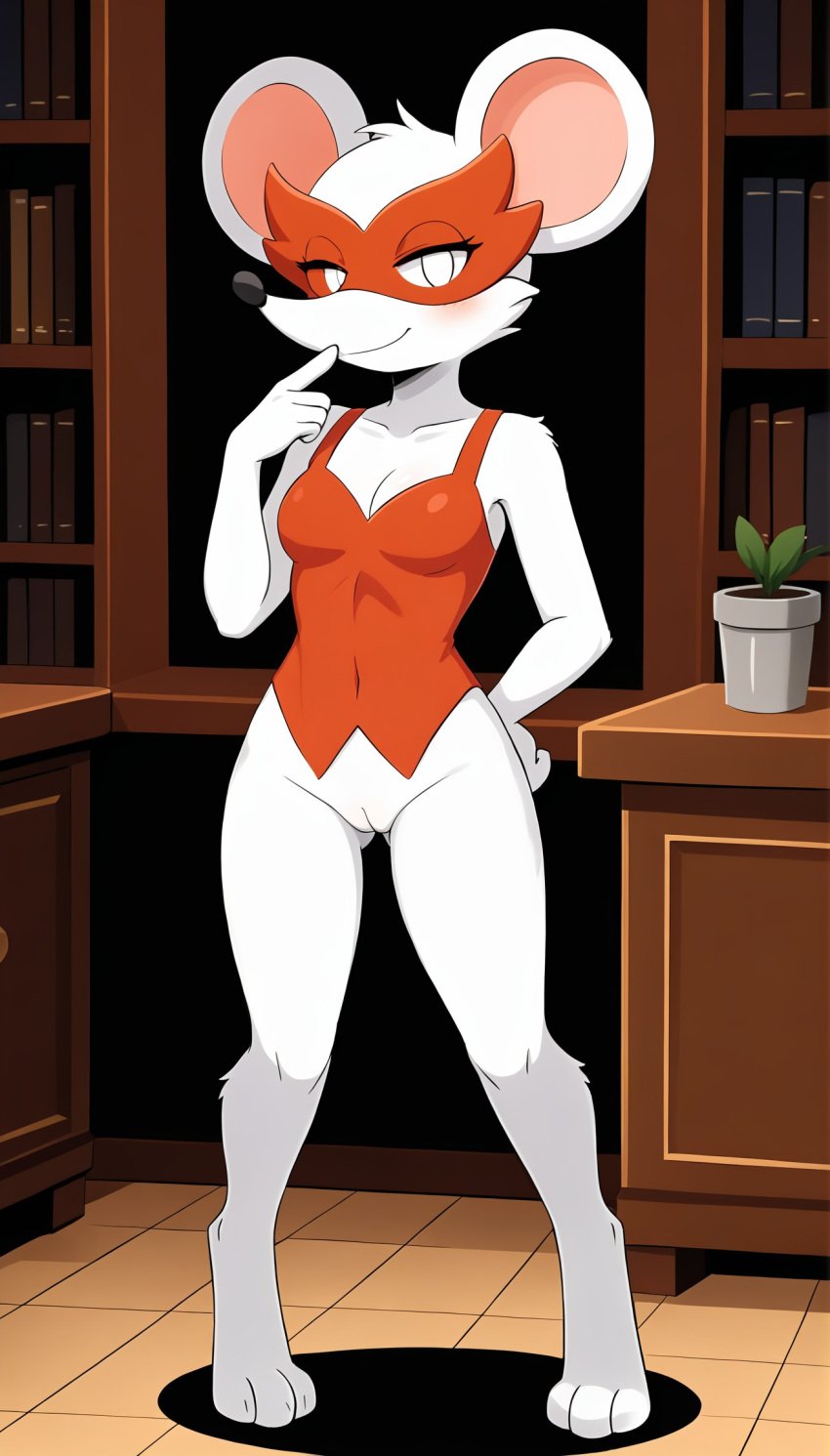 1girls 2025 ai_generated anthro bottomless bottomless_female curvy_figure digitigrade female female_only hand_on_butt hi_res indoors innie_pussy mask masked_female mouse ms._mowz nintendo paper_mario pussy smile white_eyes white_fur