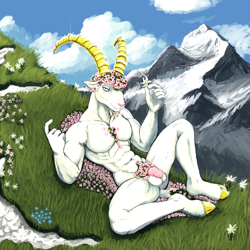 1:1 2019 5_fingers abs accessory anthro ass balls bovid caprine cloud fingers flaccid flower flower_in_hair front_view fur gesture goat grass hair hair_accessory hi_res hladilnik holding_flower holding_object hooves horn humanoid_penis looking_at_viewer male male_only mammal mountain muscular muscular_male nude outside pecs penis pinup plant pose shiny sky solo suggestive three-quarter_view white_body white_fur