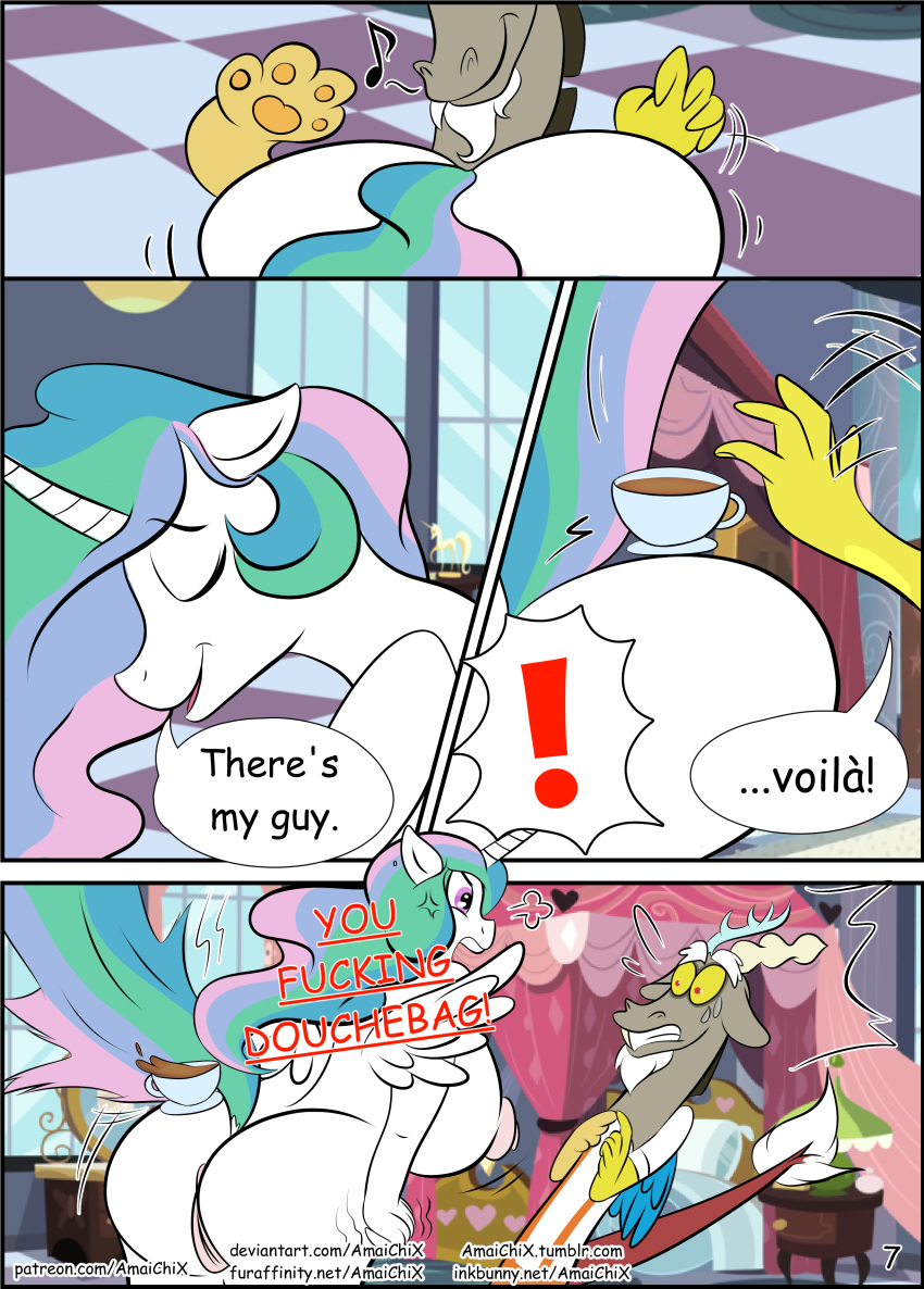 absurd_res alicorn amaichix anthro ass big_butt comic deviantart_username dialogue discord_(mlp) draconequus english_text equid female friendship_is_magic furaffinity_username hi_res horn huge_butt inkbunny_username male mammal my_little_pony page_7 patreon_username princess_celestia_(mlp) pussy straight_hair wings