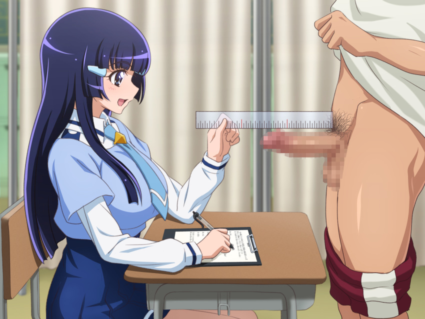 aoki_reika blue_eyes blue_hair breasts censored clothing faceless_male gym_uniform large_breasts long_hair paper penis penis_inspection precure pretty_cure pubic_hair school_uniform shorts skirt smile_precure tedain tie