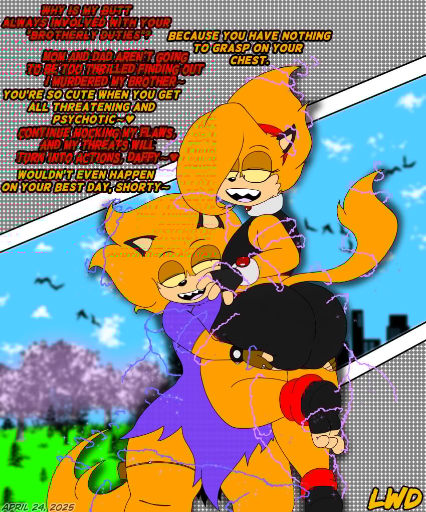 alien anthro anthro_on_anthro ass_grab bangs_over_one_eye banter bedroom_eyes big_ass big_butt black_ears brother_and_sister bubble_ass bubble_butt butt_grab butt_squish chinese_clothes clothed clothing crop_top dafimos_fang dialogue electricity fangs fat_ass fat_butt feminine_body fingerless_gloves flat_chest flat_chested footwear fully_clothed hair_over_one_eye headband holding_ass holding_butt holding_up holding_up_other_character huge_ass huge_butt hugging incest looking_at_partner lwd_cartoonz male male/female multicolored_fur older_brother_and_younger_sister orange_fur outdoors qipao sabrina_fang sharp_teeth short_shorts short_sleeves shorts shredded_clothes siblings spiked_bracelet spiky_hair tail_up thick_legs thick_male thick_thighs thigh_pouch threatening threatening_words tight_clothing toes_curled trash_talk yellow_eyes