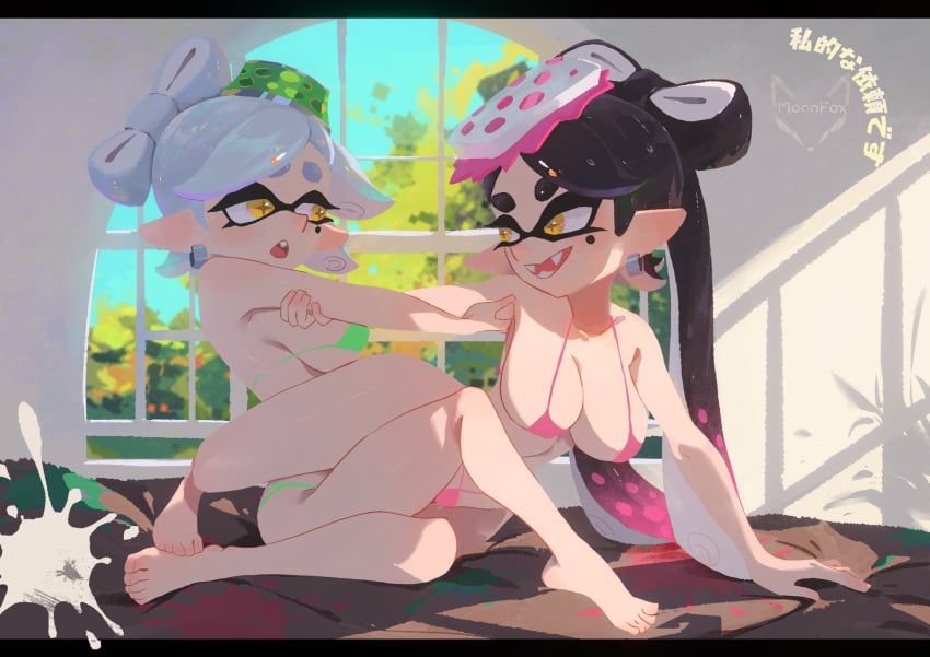 2d_(artwork) 2girls bikini breasts callie_(splatoon) cousins digital_drawing_(artwork) digital_media_(artwork) inkling inkling_girl large_breasts marie_(splatoon) micro_bikini nintendo splatoon splatoon_(series) squid_sisters squid_sisters_(splatoon) tentacle_hair watermark zhang_tian57284