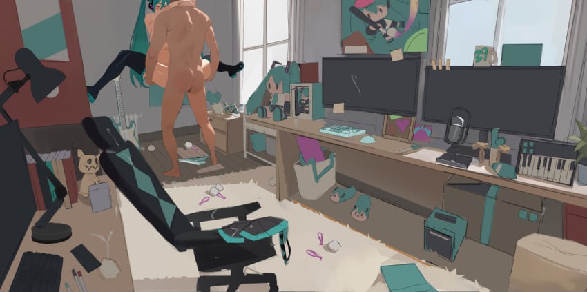 1boy aqua_hair arm_tattoo arms_up ass black_boots black_skirt black_sleeves boots box breasts cardboard_box carpet chair closed_eyes condom desk_lamp electric_guitar female glasses guitar hatsune_miku indoors instrument lamp large_breasts lifting_person long_hair microphone mimikyu monitor office_chair pleated_skirt poster_(object) sex sitting skirt smewed standing standing_sex straight stuffed_toy swivel_chair tattoo thigh_boots twintails unworn_skirt used_condom very_long_hair vocaloid window