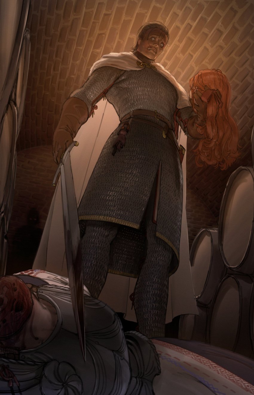 1boy absurdres armor barrel burn_scar cape chainmail clenched_teeth commission corpse crying crying_with_eyes_open death decapitation doll female female_death full_armor guro highres holding holding_sword holding_weapon indoors long_hair male mature_male not_porn original parted_lips plate_armor realistic red_hair scar severed_head short_hair sword tears teeth wass_nonnam weapon white_cape