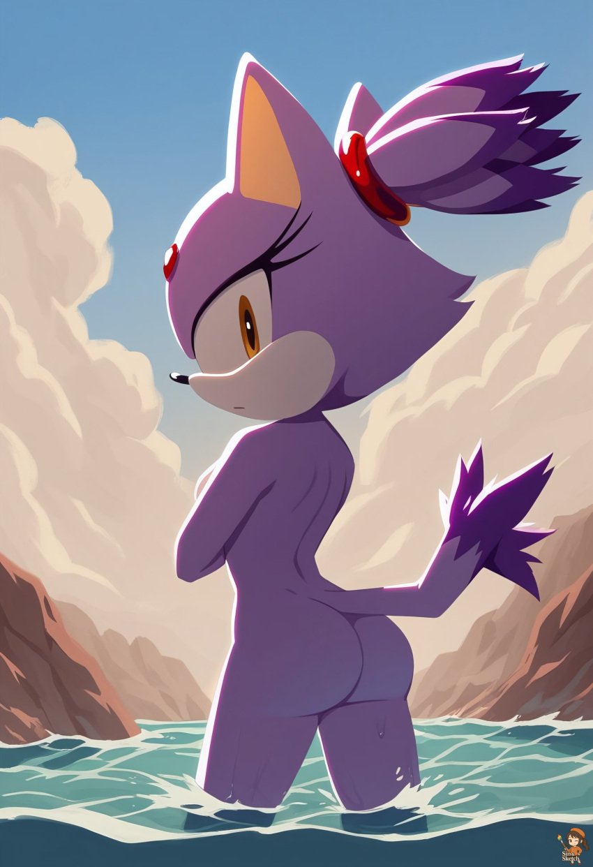 1girls 2d 2d_(artwork) ai_assisted ai_generated anthro anthro_female artist_logo artist_name artist_signature artist_upload ass ass_focus back back_view bathing blaze_the_cat booty breasts breasts_out butt_crack butt_focus dat_ass feline female gem gem_on_forehead in_water looking_at_viewer looking_back mobian mobian_(species) mobian_cat mountain neutral_expression ponytail purple_fur sega self_upload sideboob sinandsketch sky sonic_(series) sonic_rush sonic_the_hedgehog_(series) tail tail_tuft thick thick_ass tied_hair water wet yellow_eyes